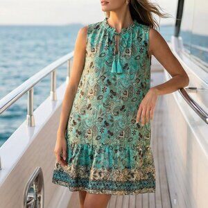 NEW SUNNY OCEANS Green Paisley Sleeveless elevated boho Dress silk blend XL